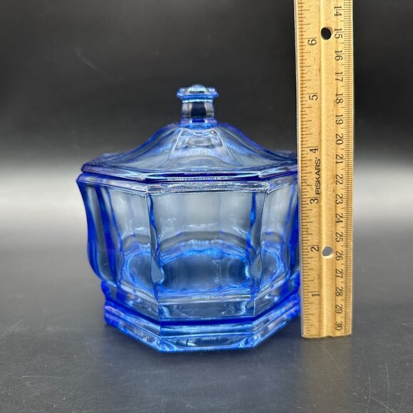Vintage Candy Dish Blue Glass Octagon Trinket Holder Lid Indiana Glass Retro - Picture 6 of 7